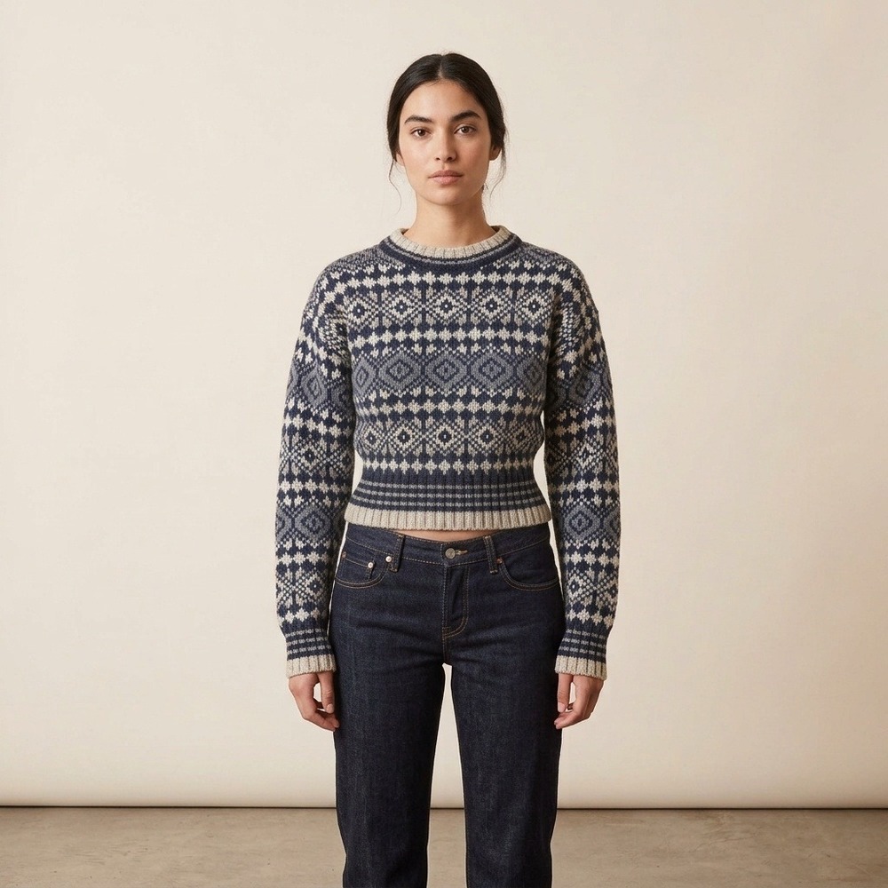 Vintage Lizwear Chunky Knit Fair Isle Geometric Sweater Navy Grey Cream Womens M